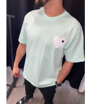 TEE SHIRT TURQUOISE MOTIF COEUR BLANC