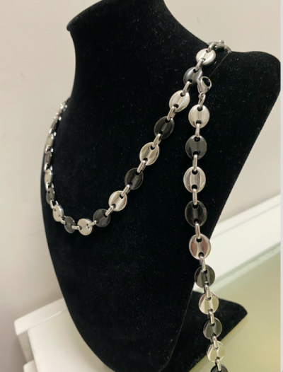 Pack chaine + bracelet grain de cafe couleur argent noir
