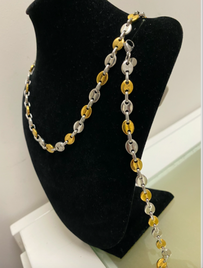 Pack chaine + bracelet grain de cafe couleur argent doré