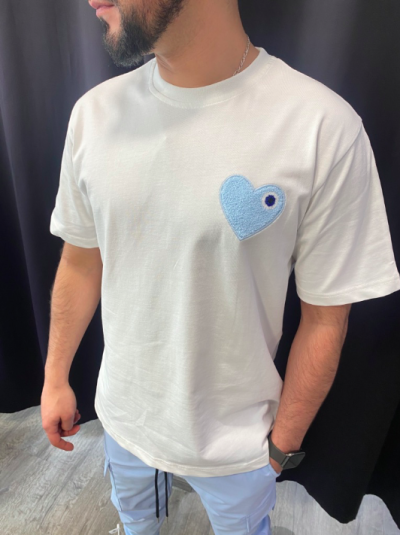 TEE SHIRT BLANC MOTIF COEUR BLEU