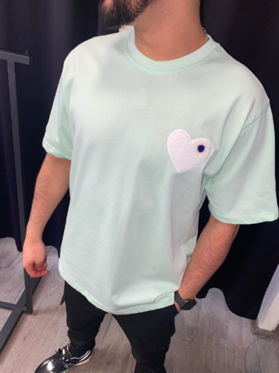 TEE SHIRT TURQUOISE MOTIF COEUR BLANC