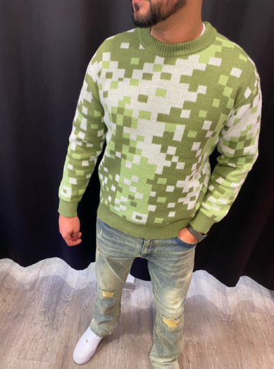 PULL MOTIF CARREAU TRICOT VERT